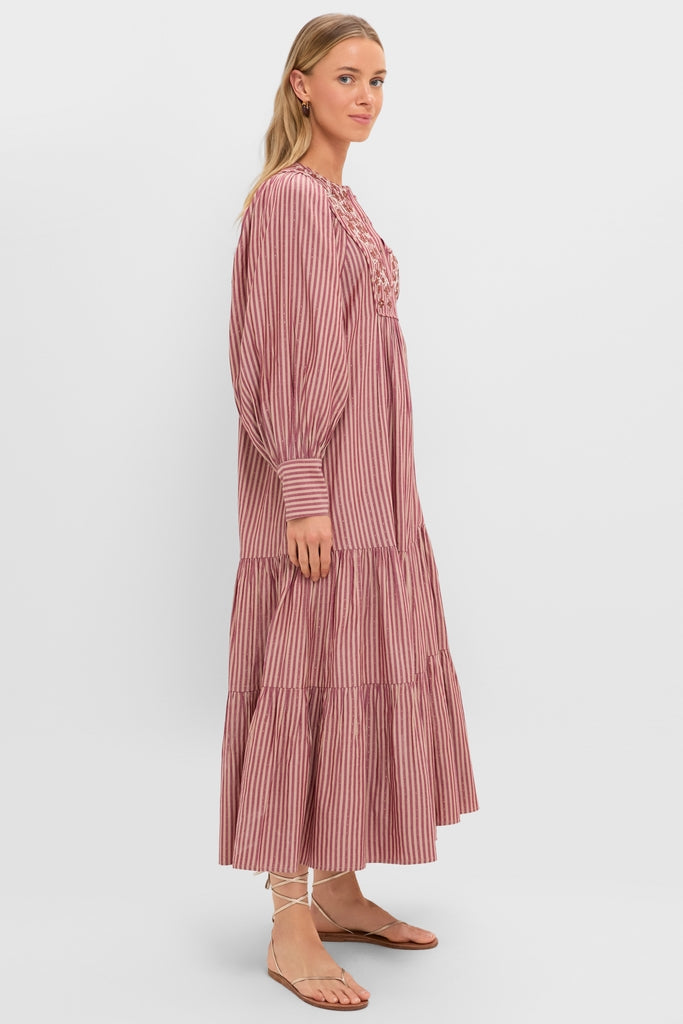 Red Lurex Stripe Hand Beaded Capote Dress