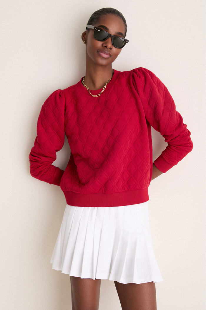 Red Puff Sleeve Quilted Stretch Campbell Pullover