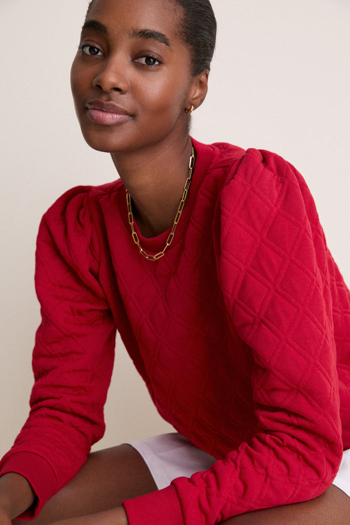 Red Puff Sleeve Quilted Stretch Campbell Pullover