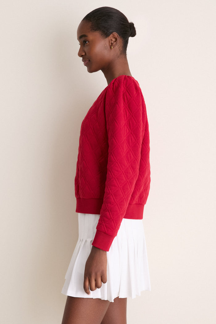 Red Puff Sleeve Quilted Stretch Campbell Pullover