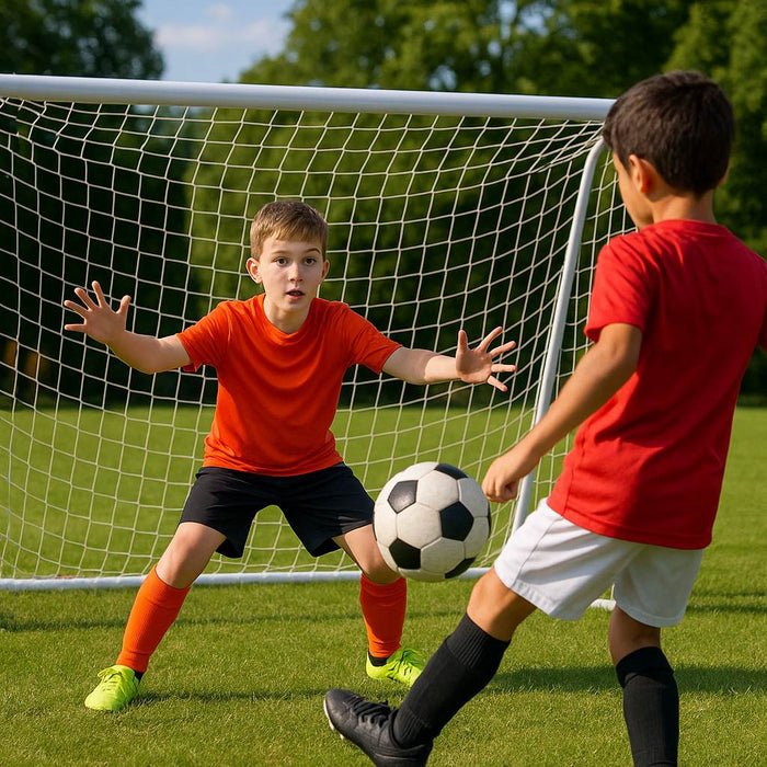 Rival 10ft x 6ft Outdoor PVC Football Goal Lifestyle Close-Up Boy Kicking Ball View