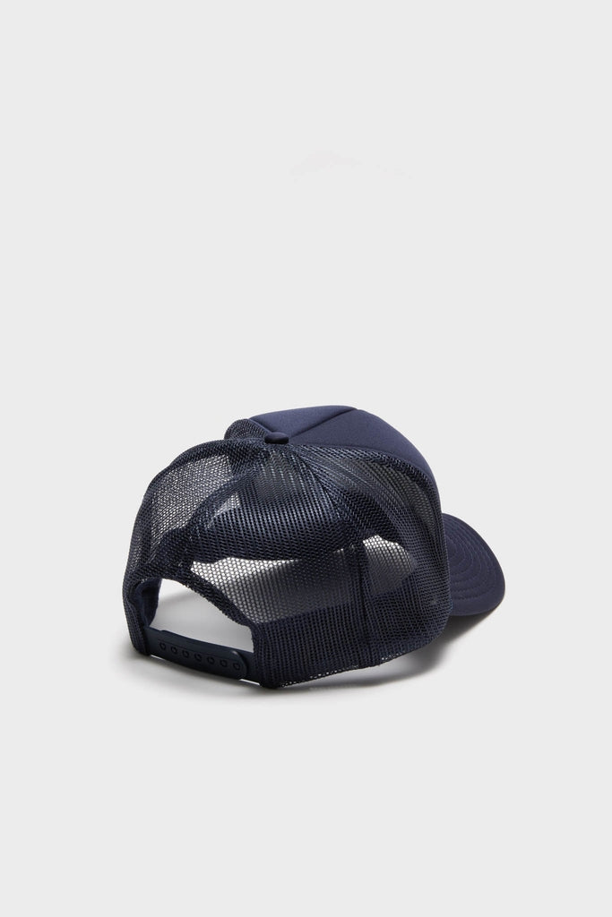 Round Top Trucker Hat, a classic navy-blue cap with mesh panels and adjustable snap-back, offers an effortless, high-end touch for fun, everyday style.