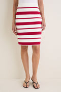 Ruby Knit Stripe Milo Pencil Skirt: Classic high-waisted, midi-length design with bold red and white stripes, offering an effortless, high-end look perfect for fun, confident styling.