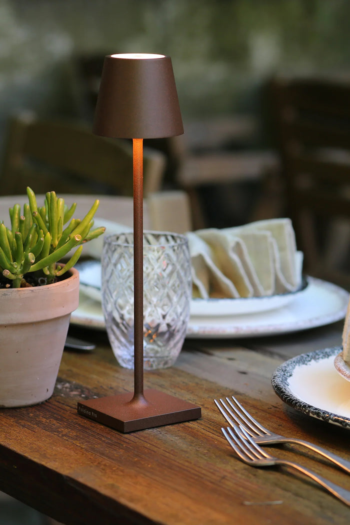 Rust Poldina Pro Table Micro Lamp elegantly illuminates a classic, effortless bistro setting with a high-end touch, complete with a succulent, crystal glass, and linen napkins.