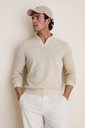 Sand Birdseye Cotton Split-Neck Sweater