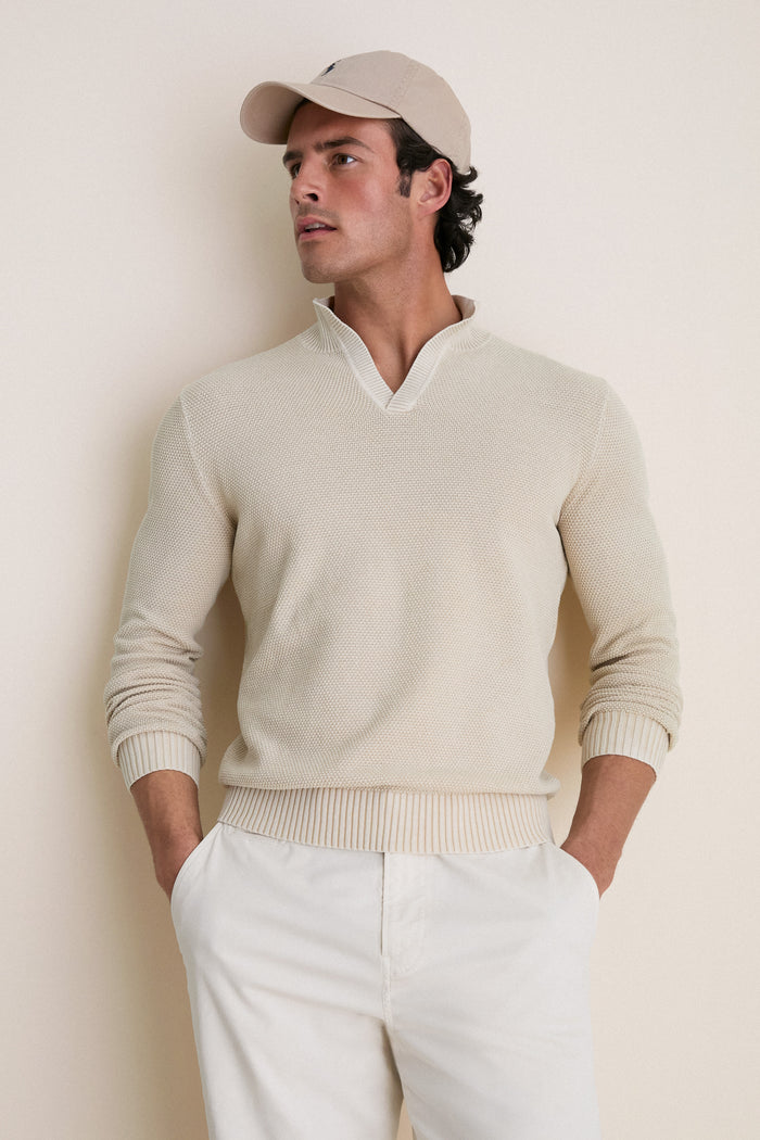 Sand Birdseye Cotton Split-Neck Sweater