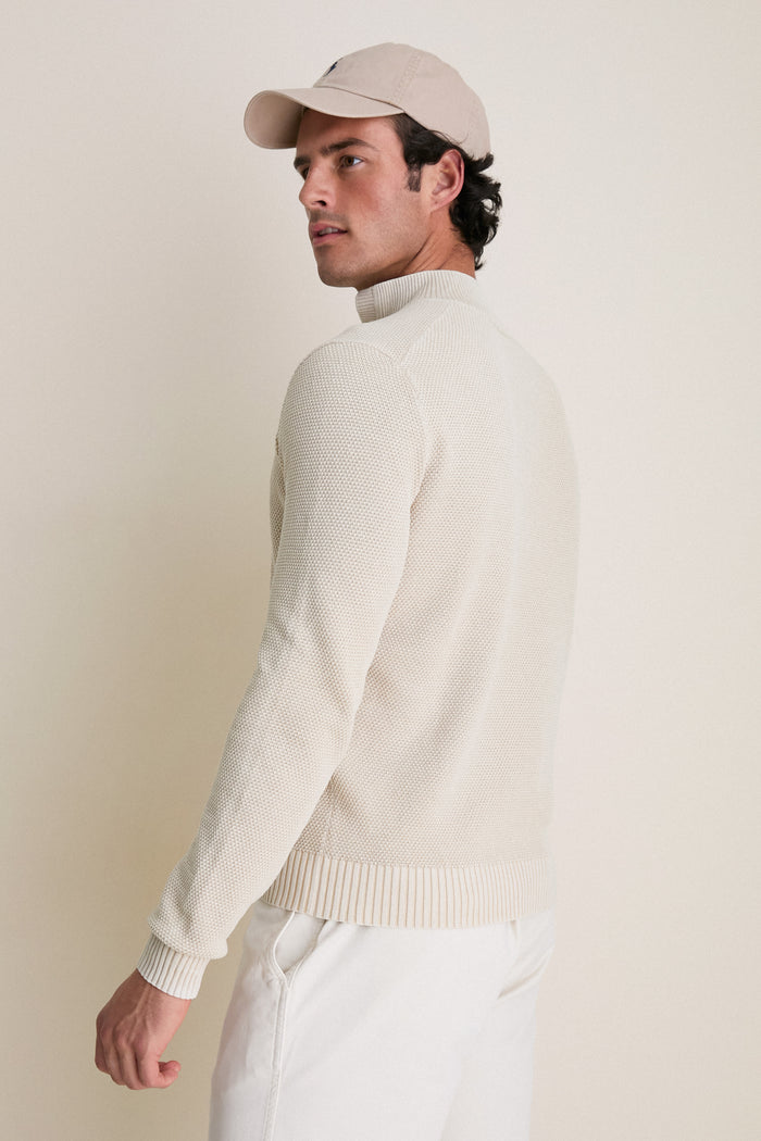 Sand Birdseye Cotton Split-Neck Sweater