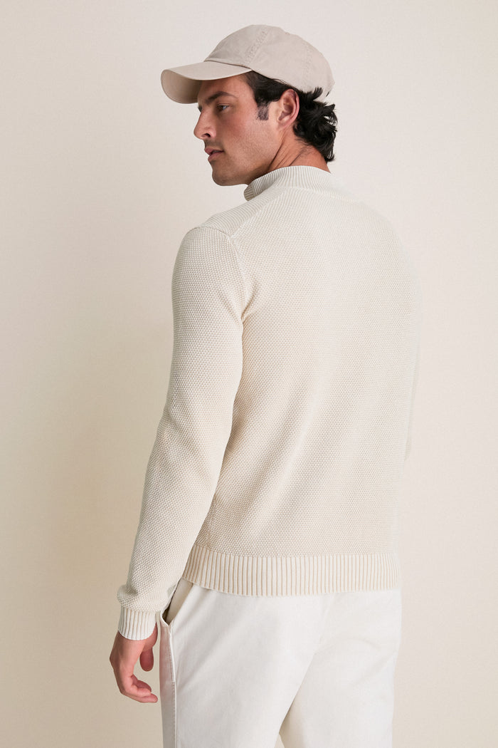 Sand Birdseye Cotton Split-Neck Sweater