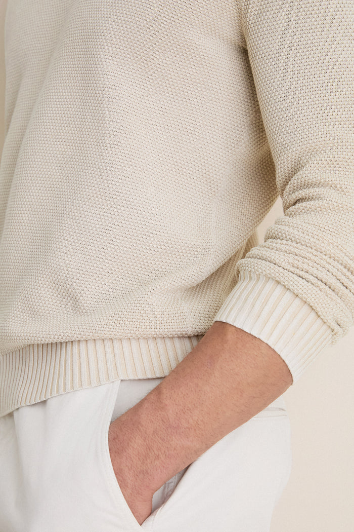 Sand Birdseye Cotton Split-Neck Sweater