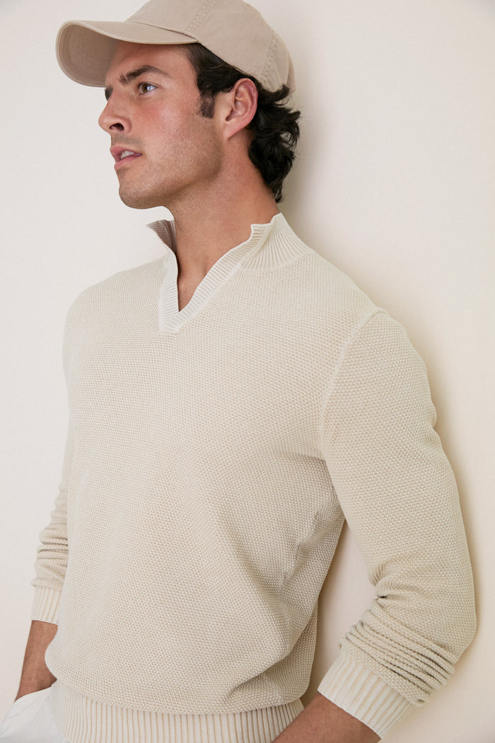 Sand Birdseye Cotton Split-Neck Sweater