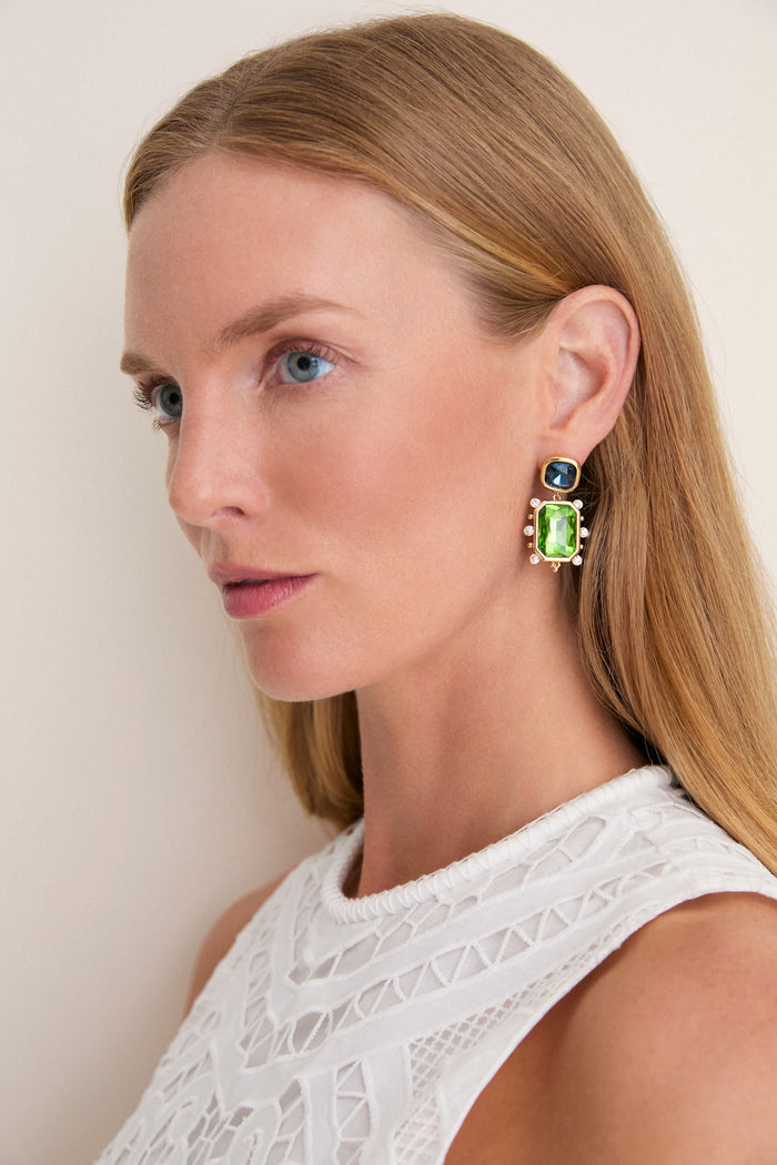 Sapphire and Emerald Fantasia Earrings: Classic, effortless glamour with bold jewel tones, featuring dark-blue and bright-green glass stones, exuding a fun, high-end sophistication.