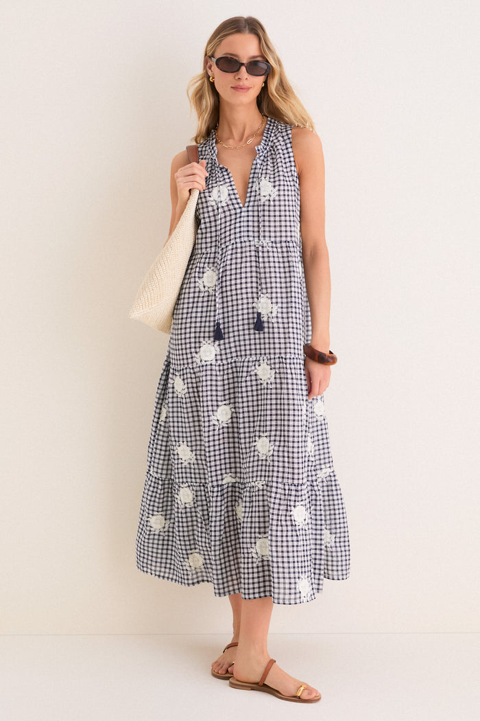 Sapphire Gingham Embroidered Sleeveless Salty Paloma Caftan