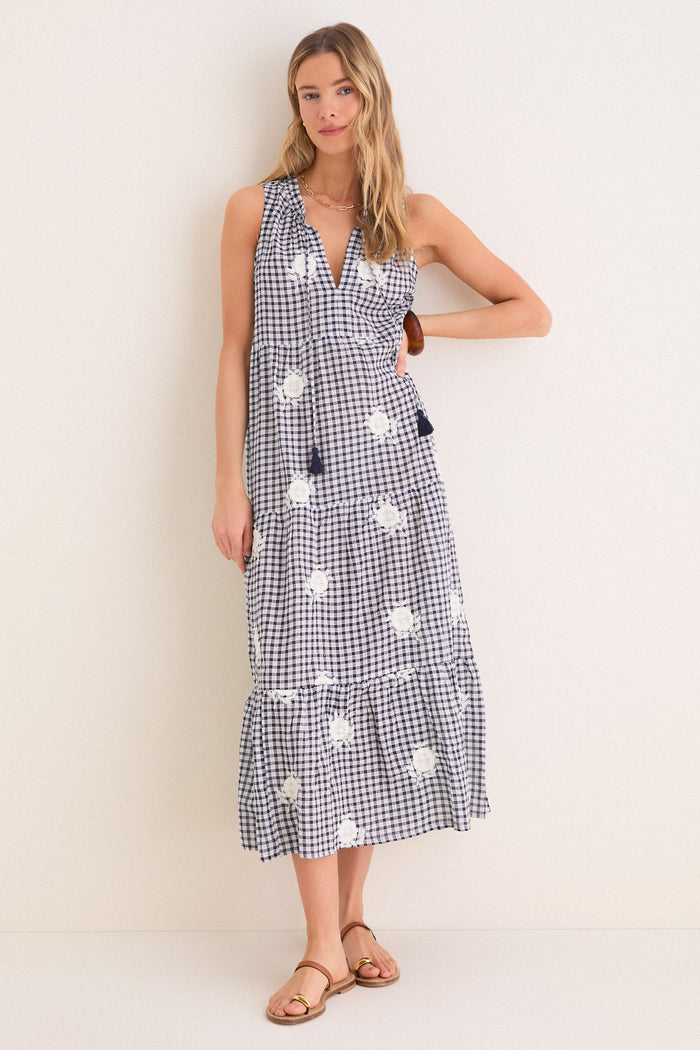 Sapphire Gingham Embroidered Sleeveless Salty Paloma Caftan