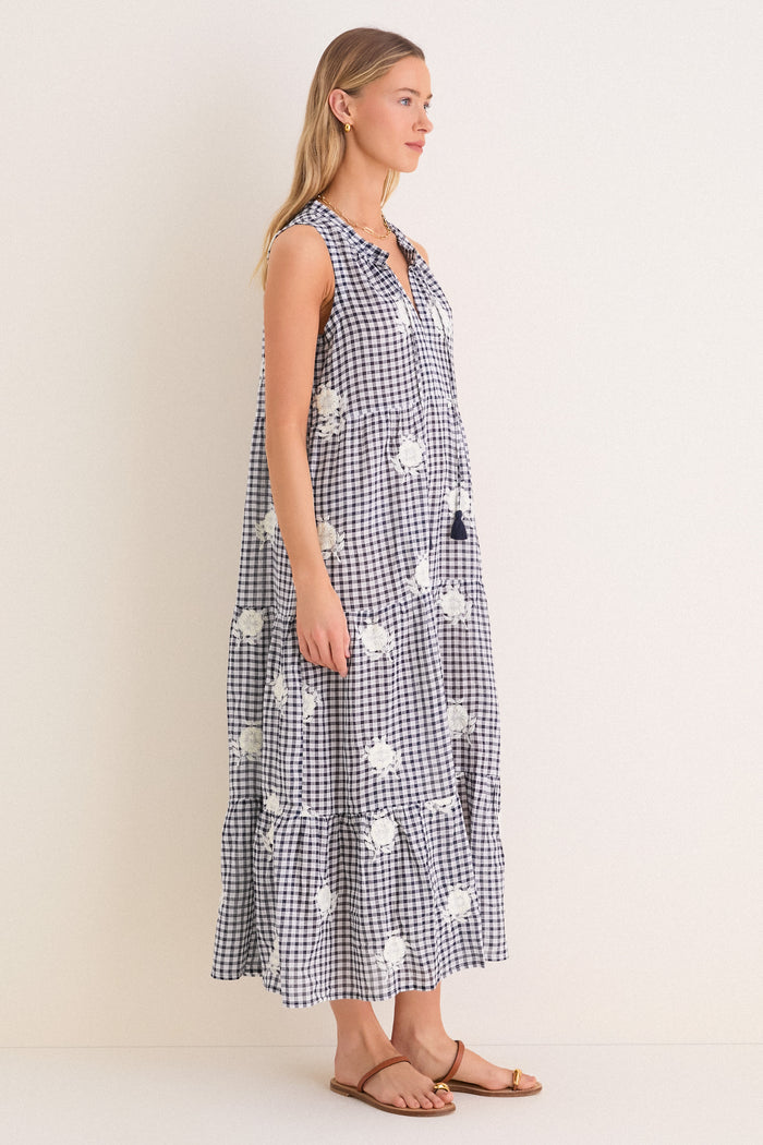 Sapphire Gingham Embroidered Sleeveless Salty Paloma Caftan