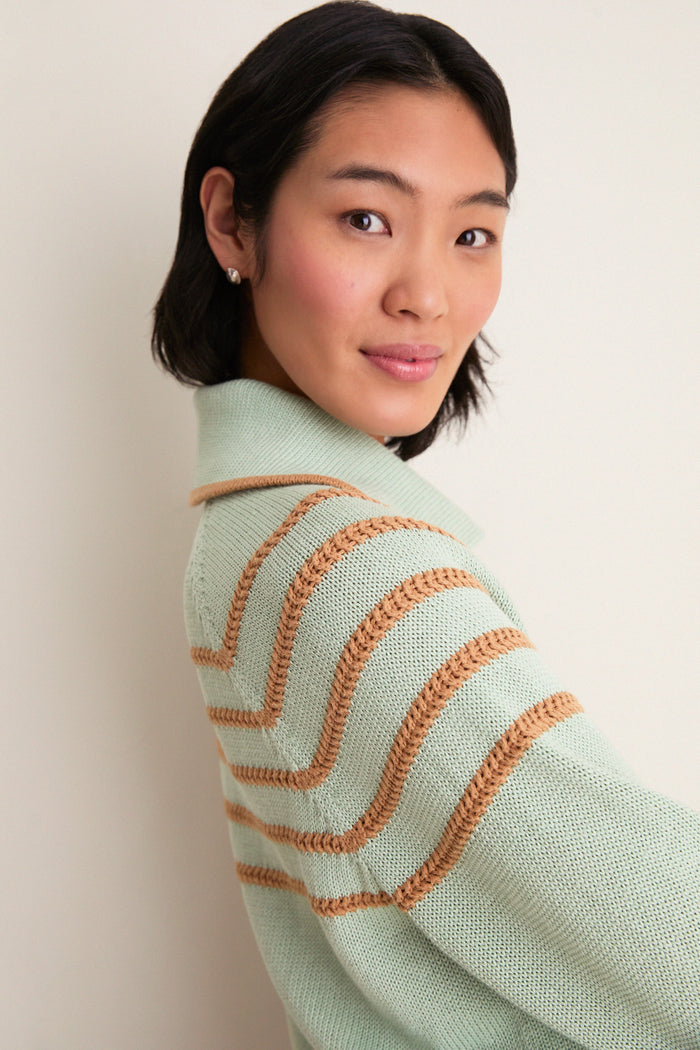 Young woman in profile wearing the Seafoam Scholar Cardigan with Crochet Stripes, featuring a classic oversized collar and textured knit, embodies effortless, high-end style.
