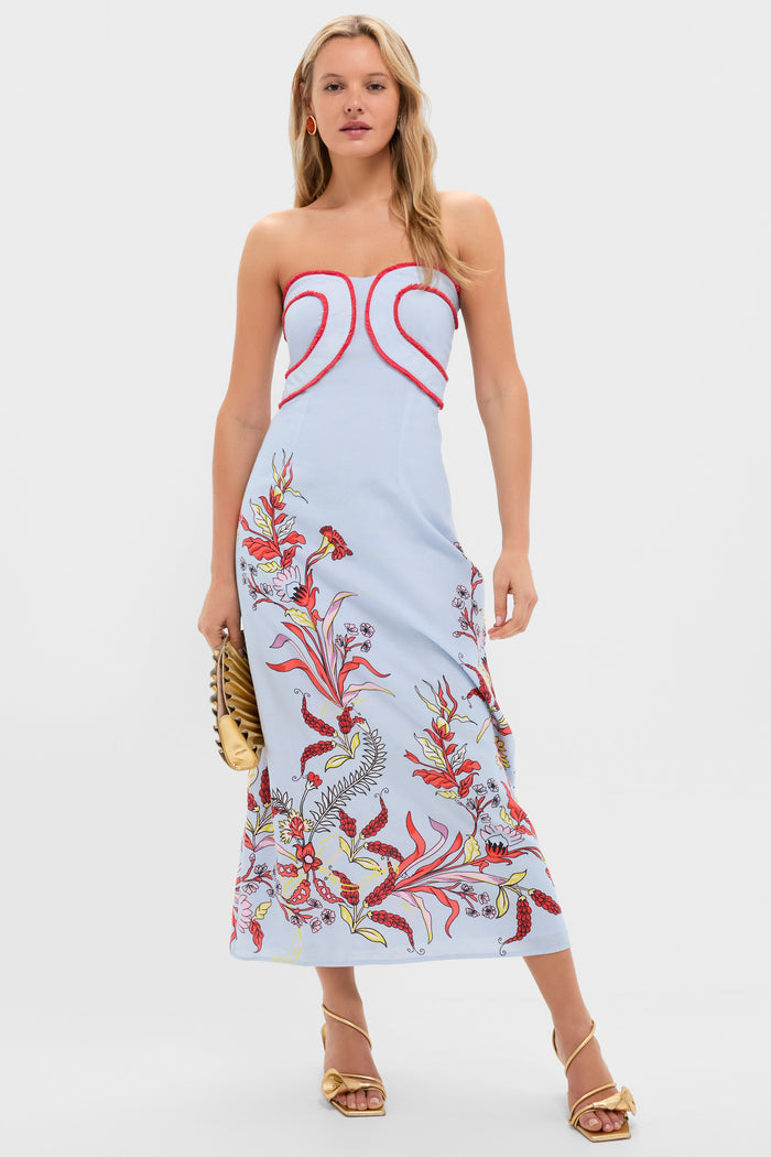 Seascape Hayden Midi Dress: A classic, strapless sky-blue dress with a heart-shaped neckline, bold floral print, and fitted waist, creating an effortless, fun, high-end look.