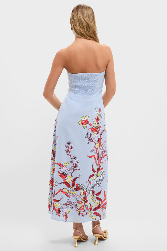 Seascape Hayden Midi Dress, back view: Classic strapless design with smocked bodice, floral A-line skirt, and gold heeled sandals, creating an effortless, high-end, and fun style.