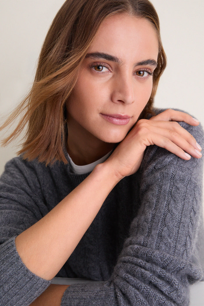Shadow Gray Cable Knit Boyfriend Colin Crewneck