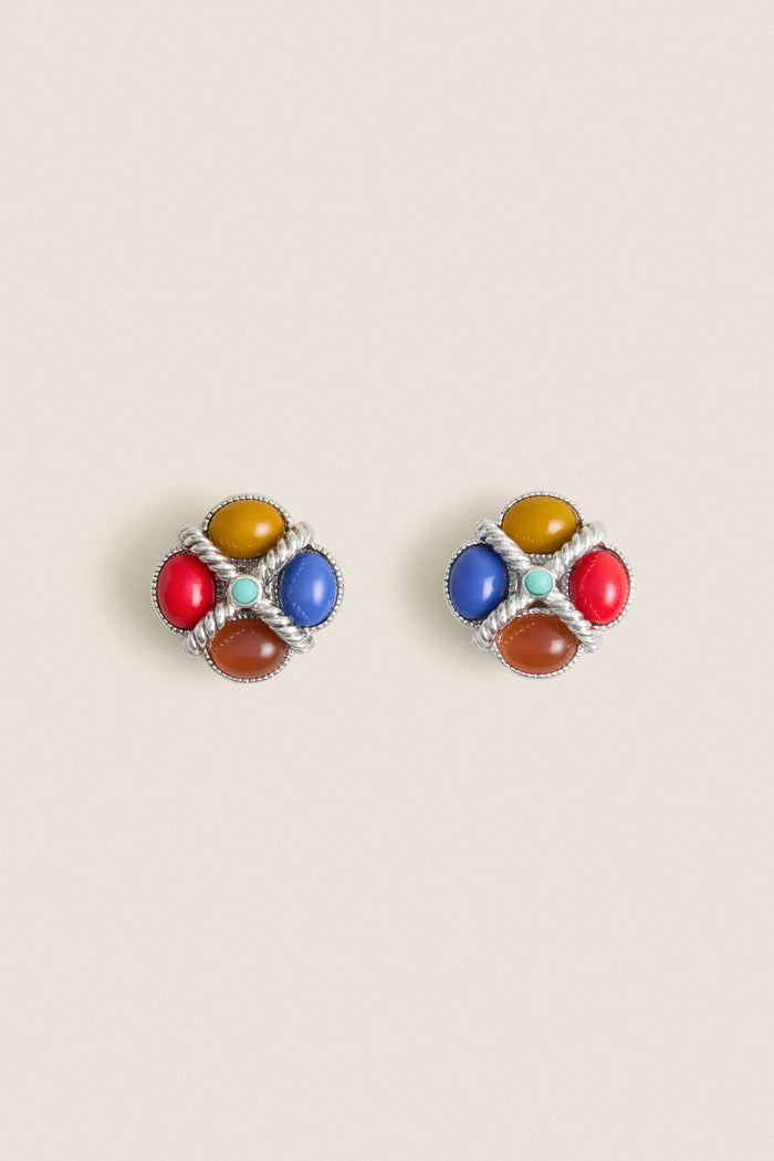 Silver Plated Stud Earrings with Glass Color Stones