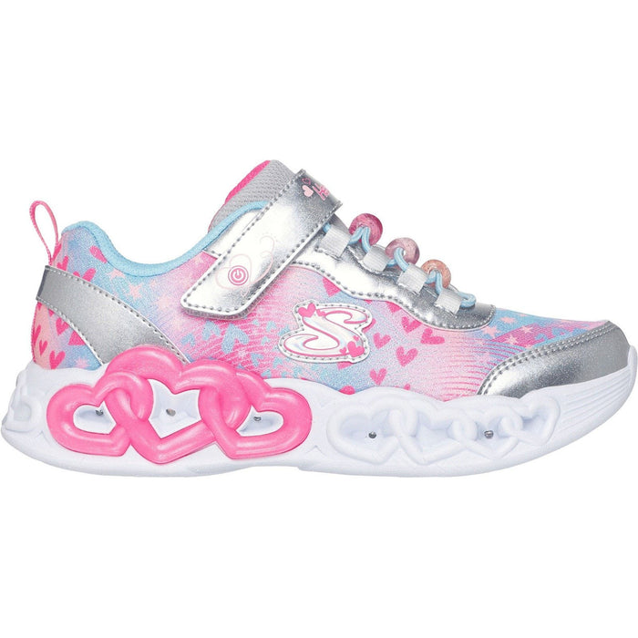 Skechers Junior Girls Infinite Heart Lights Heart Jewels Trainer Silver/Multi