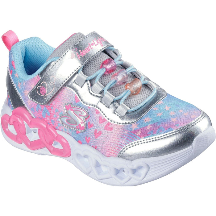 Skechers Junior Girls Infinite Heart Lights Heart Jewels Trainer Silver/Multi
