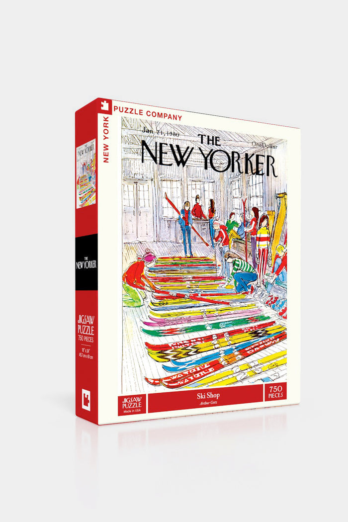 Ski Shop Jigsaw Puzzle: Classic New Yorker cover by Arthur Getz, depicting a vibrant ski shop scene. Effortless fun for puzzle enthusiasts. 750 pieces, high-end quality.