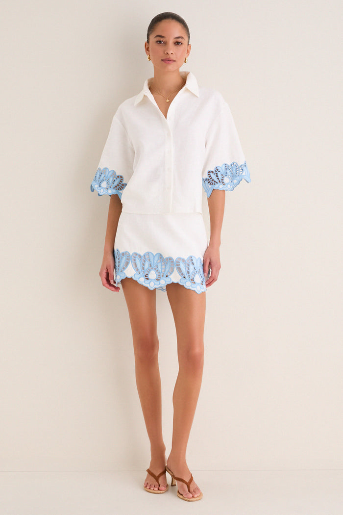 Sky Blue Embroidered Potter Mini Skirt