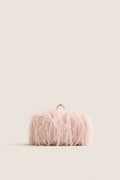 Soft Pink Harlow Bag features luxurious pale-pink ostrich feathers, a dazzling rhinestone ring handle, and a classic suede design, embodying effortless elegance for any high-end occasion.