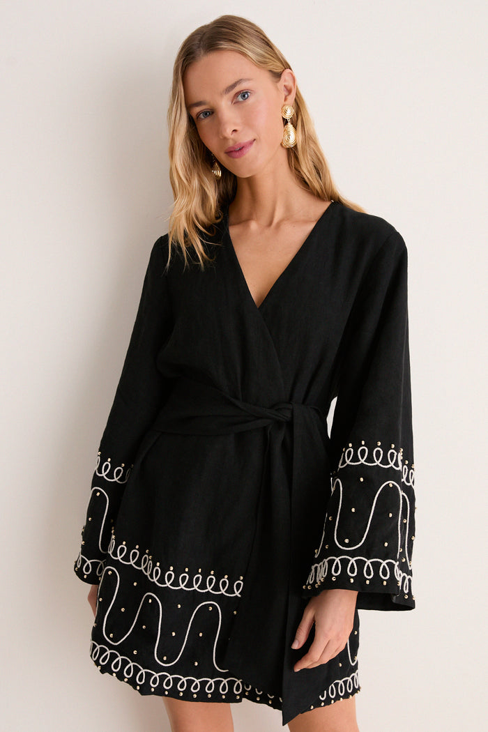 Soutache Beaded Linen Callista Wrap Dress