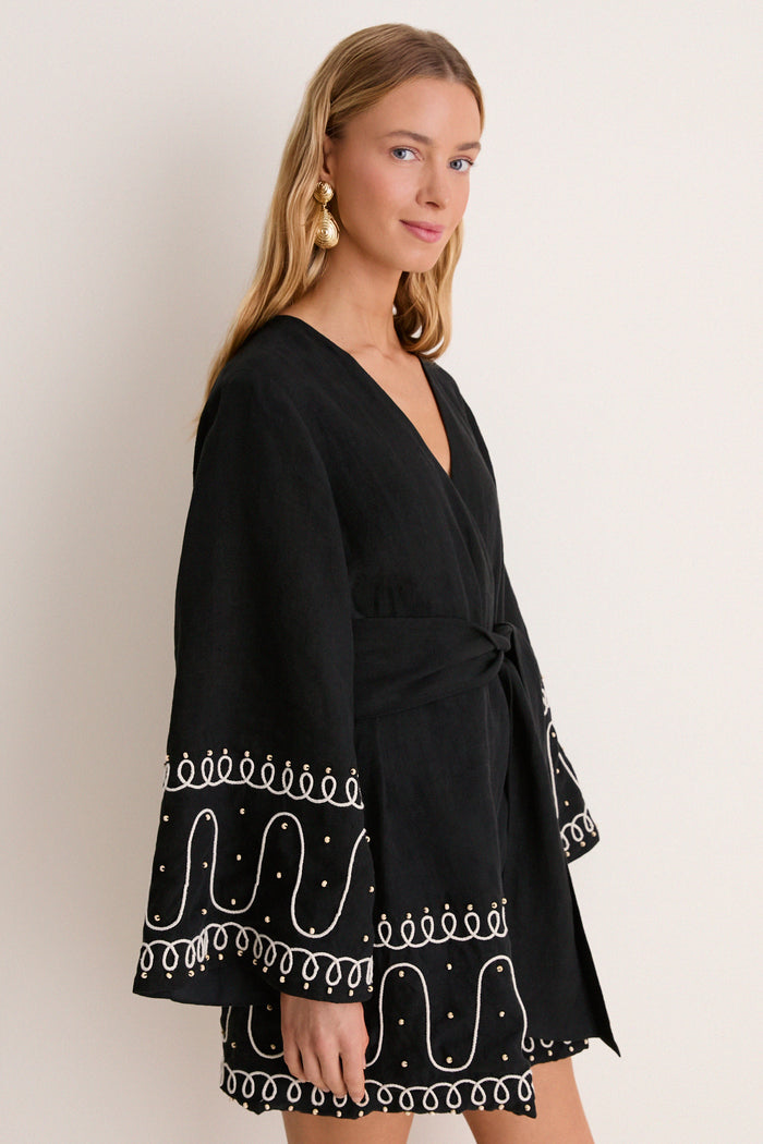 Soutache Beaded Linen Callista Wrap Dress
