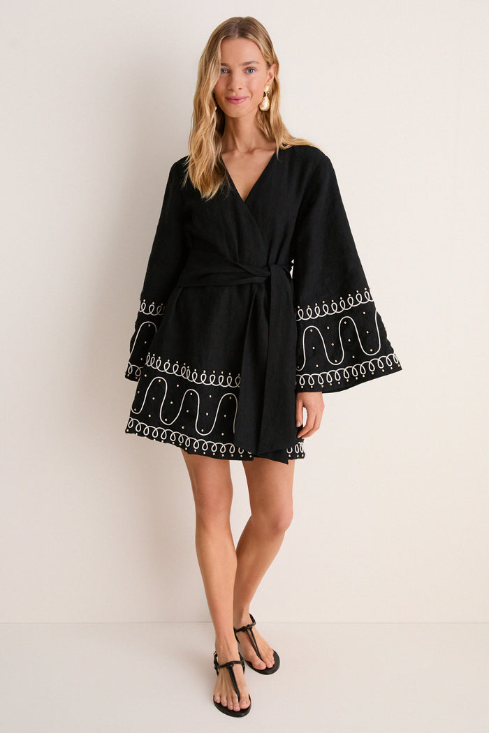 Soutache Beaded Linen Callista Wrap Dress