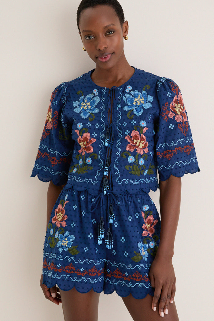Stitched Garden Dark Blue Tie Front Blouse