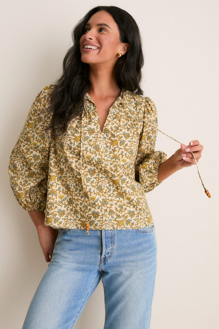 Tan Scrolling Floral Petunia Blouse