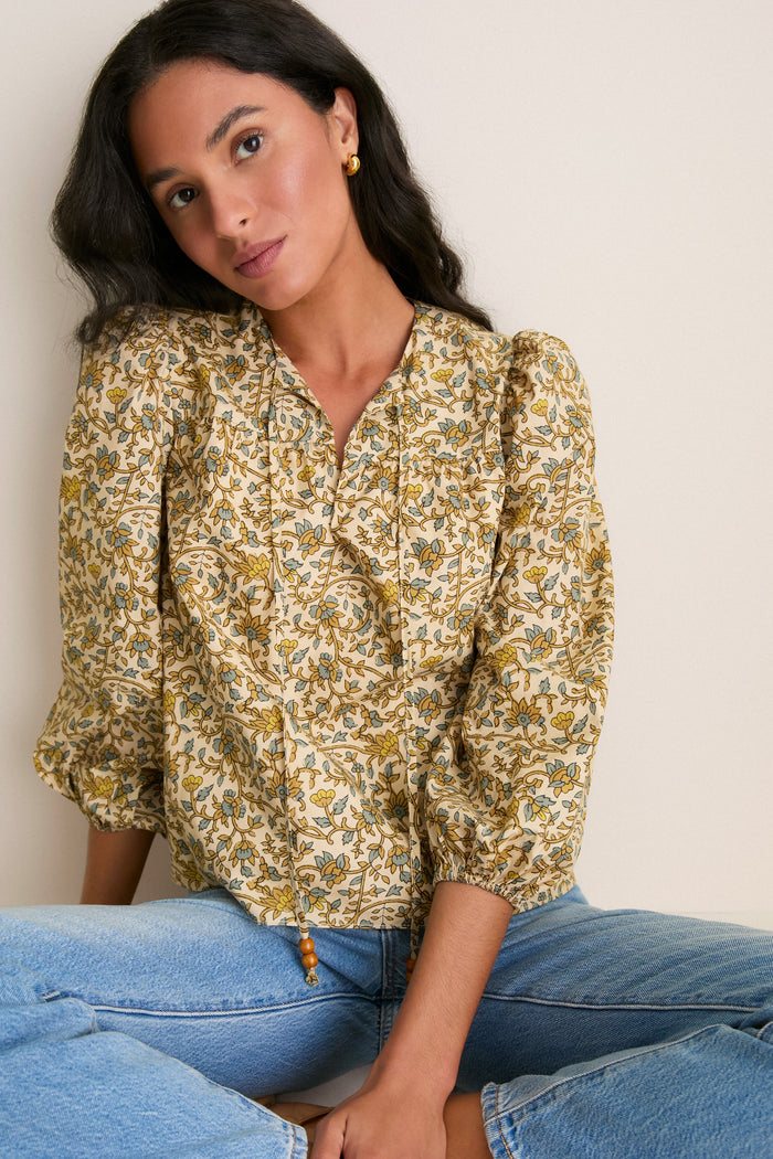 Tan Scrolling Floral Petunia Blouse