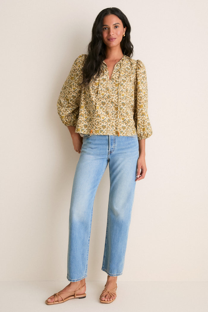 Tan Scrolling Floral Petunia Blouse