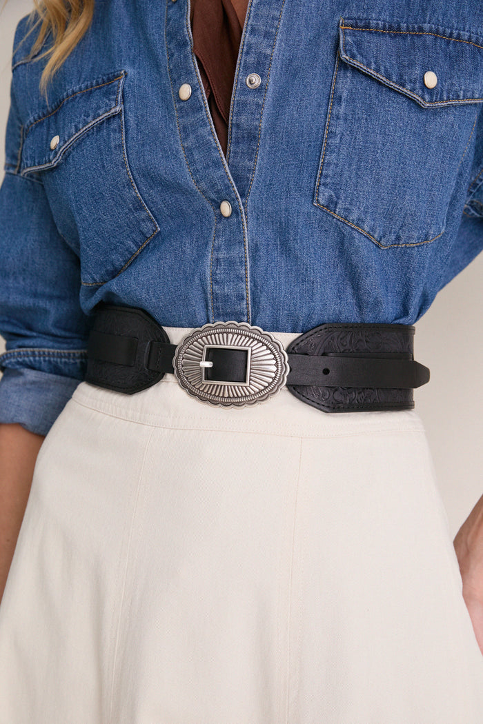 THE GREAT. x Stetson Black and Silver Tooled Waist Belt