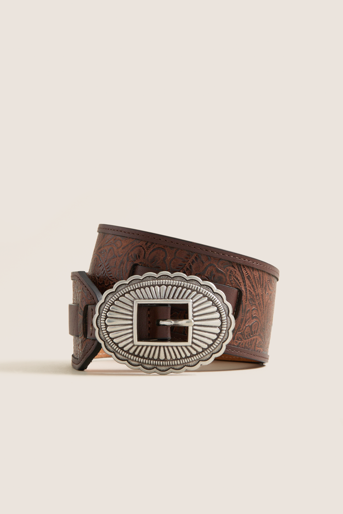 THE GREAT. x Stetson Brown and Silver Tooled Waist Belt
