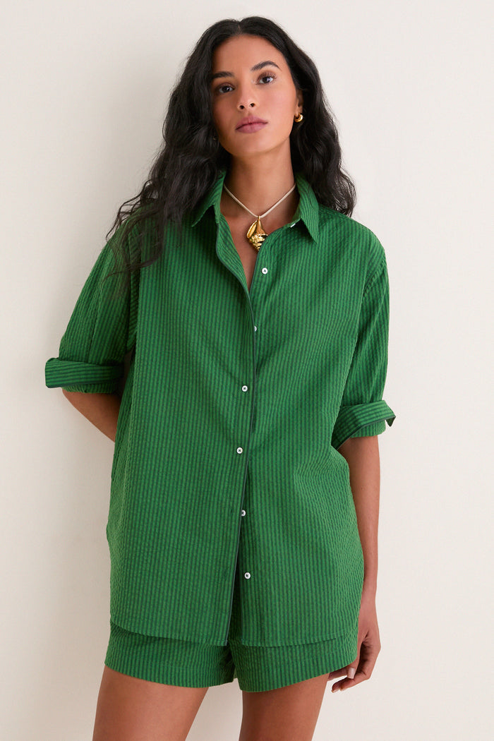 Tonal Green Stripe Seersucker Nadine Button Down