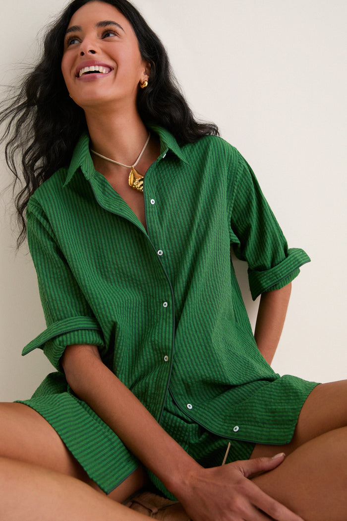 Tonal Green Stripe Seersucker Nadine Button Down