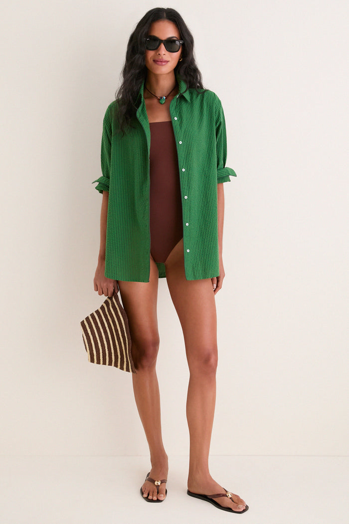 Tonal Green Stripe Seersucker Nadine Button Down