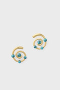 A pair of spiral earrings, made from gold plated brass with three turquoise beads and hypoallergenic titanium posts.