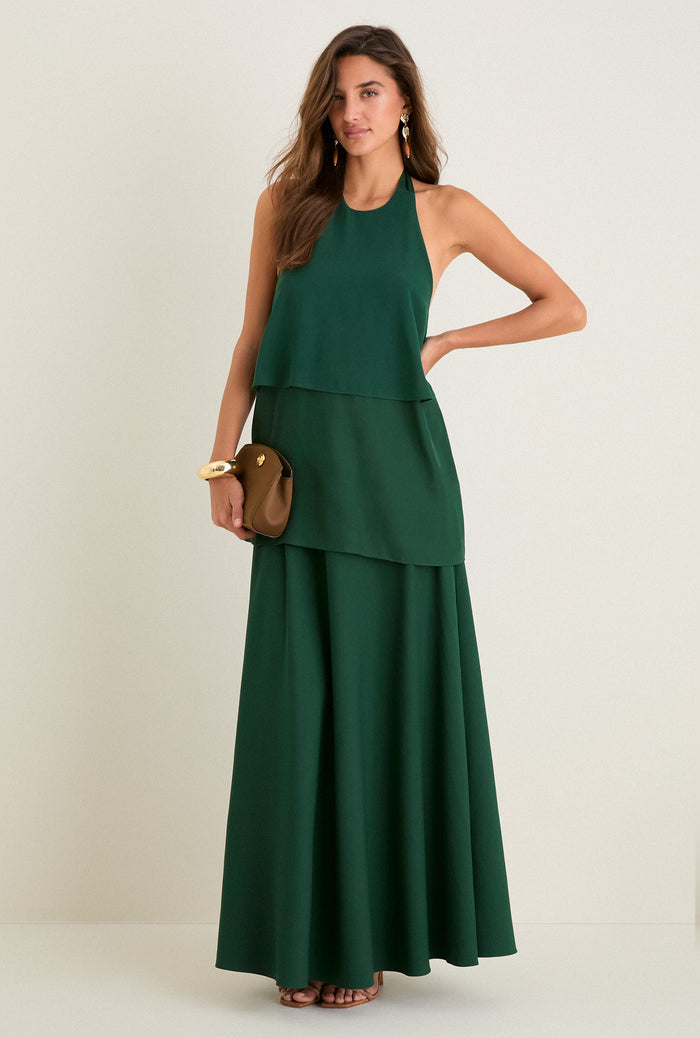 Verdant Green Crepe Colbert Maxi Skirt