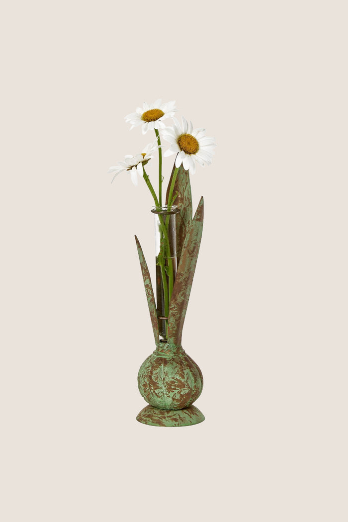 Verdigris Hand Crafted Bulb and Leaf Vase