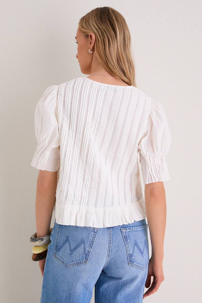 White Alberte Solid Bubble Sleeve Blouse