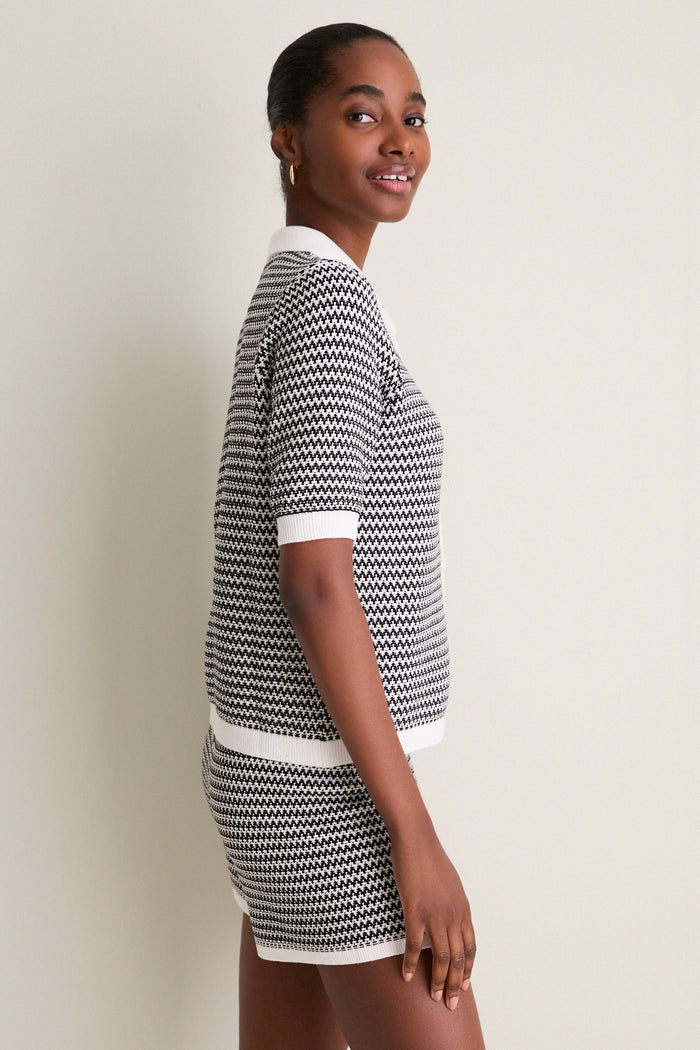 White and Black Gaelle Polo Knit Top
