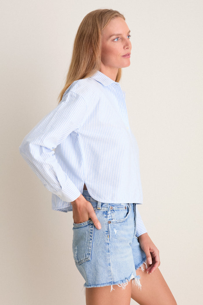 White and Blue Stripe Cropped Jasper Button Down
