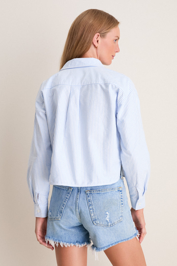 White and Blue Stripe Cropped Jasper Button Down