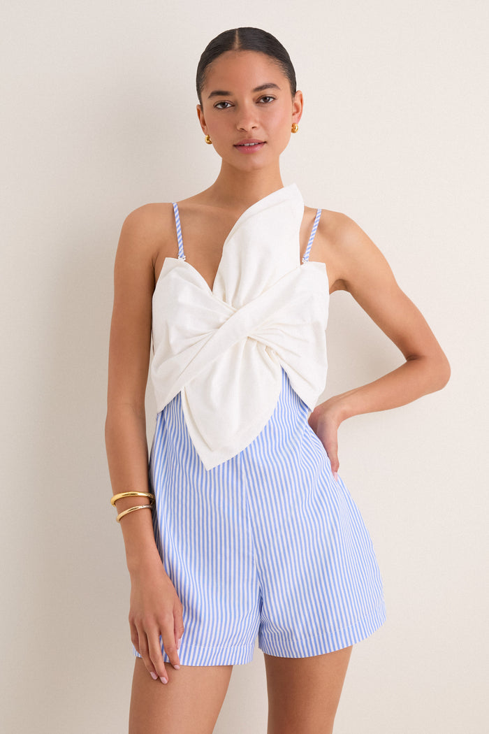 White & Blue Stripe Mixed-Media Magnolia Romper