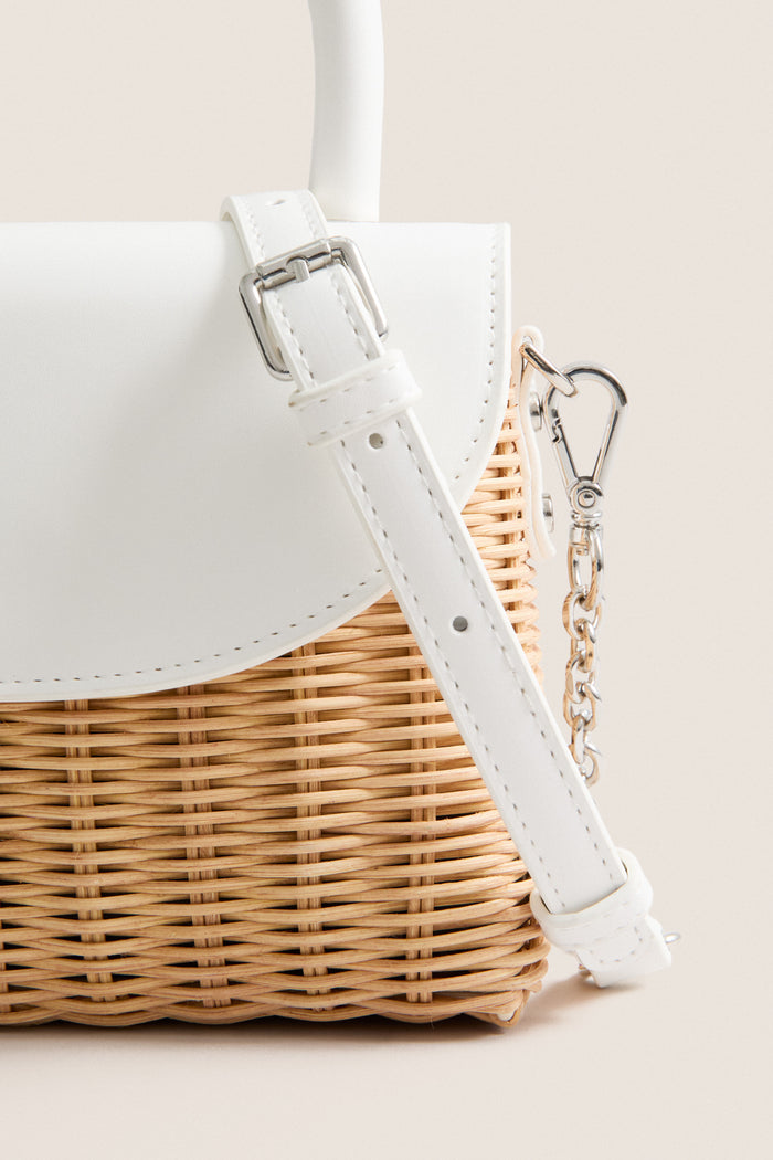 White Elle Wicker Top Handle bag with sleek vegan leather accents and silver details, offering a classic, effortless, and fun style for high-end summer occasions.