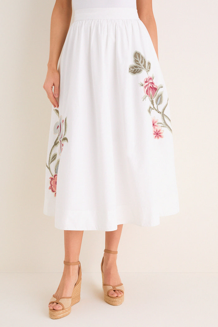 White Floral Embroidered Mirella Midi Skirt
